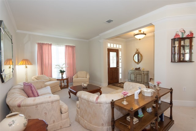 living room featuring light carpet and crown molding