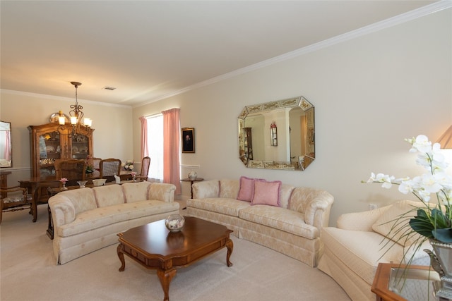 living room with light carpet, an inviting chandelier, and crown molding