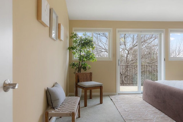 doorway featuring baseboards, a healthy amount of sunlight, and light colored carpet