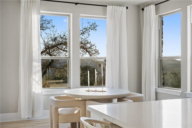 dining space with light hardwood / wood-style flooring and a wealth of natural light