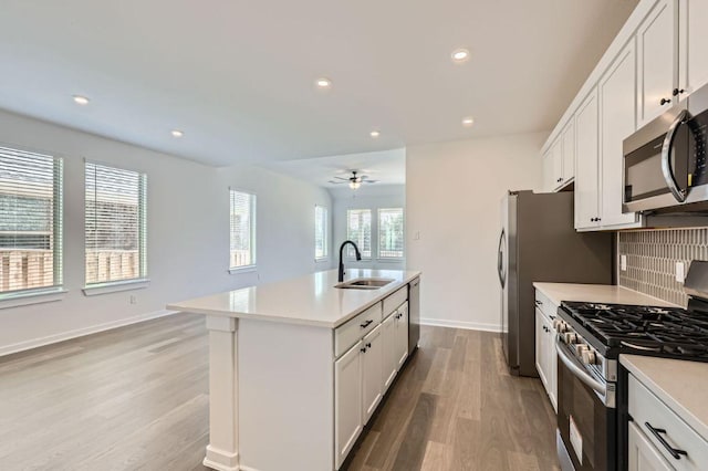 kitchen featuring tasteful backsplash, light wood-style flooring, stainless steel appliances, light countertops, and a sink