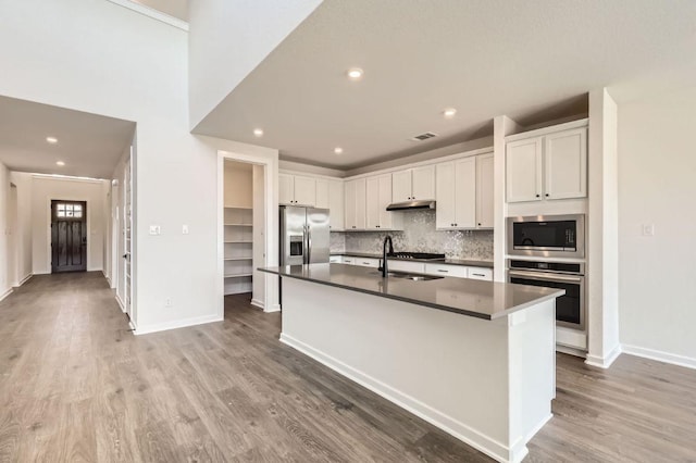 kitchen with a sink, under cabinet range hood, dark countertops, wood finished floors, and appliances with stainless steel finishes