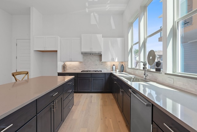 kitchen featuring sink, backsplash, appliances with stainless steel finishes, white cabinets, and light wood-type flooring