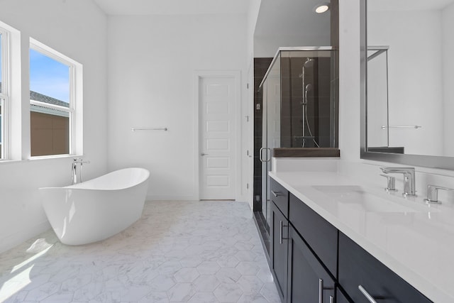 bathroom featuring vanity and plus walk in shower