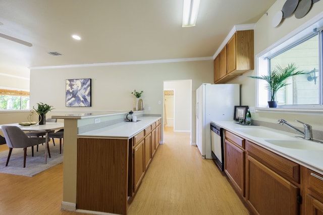 kitchen with sink, ceiling fan, and light hardwood / wood-style floors