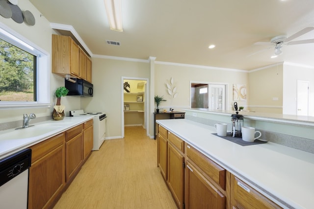 kitchen with white appliances, ornamental molding, sink, ceiling fan, and light wood-type flooring