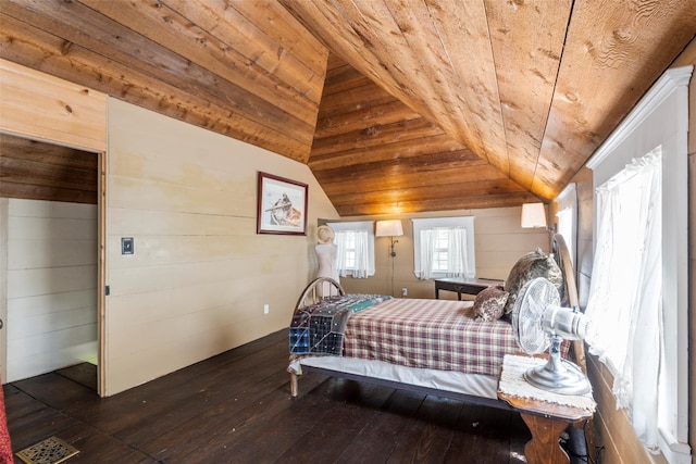 bedroom with wood ceiling, vaulted ceiling, wooden walls, and dark hardwood / wood-style flooring