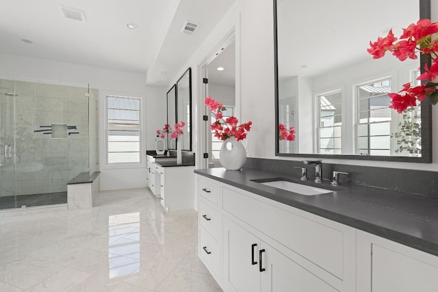 bathroom featuring vanity and a shower with shower door