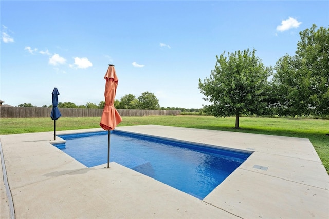 view of pool with a patio area and a lawn