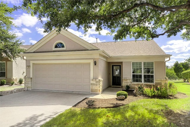 ranch-style home featuring an attached garage, stone siding, driveway, and stucco siding