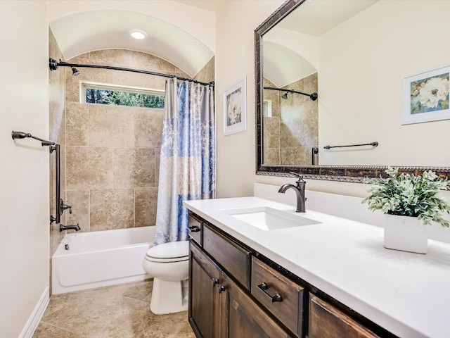 full bathroom featuring vanity, toilet, tile patterned floors, and shower / bath combination with curtain