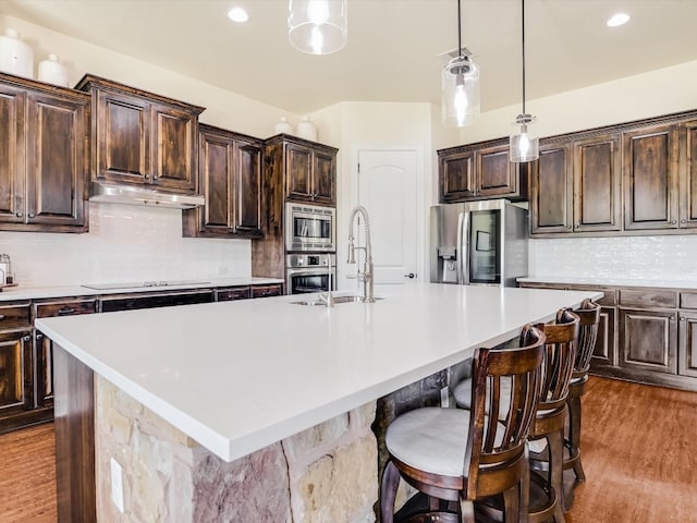 kitchen featuring dark brown cabinets, stainless steel appliances, hardwood / wood-style floors, and an island with sink