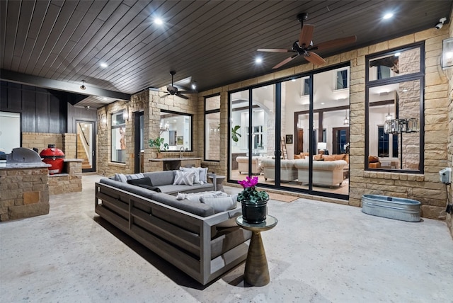 living room featuring wood ceiling and ceiling fan