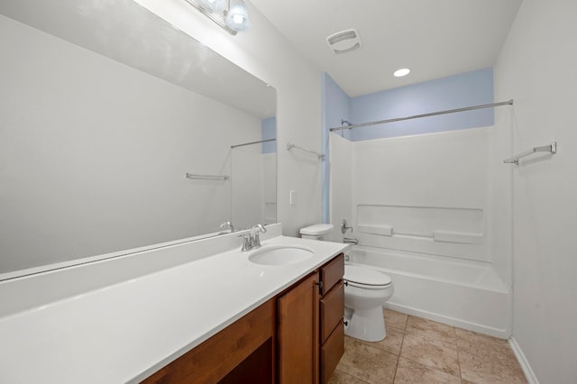 full bathroom featuring vanity, toilet, shower / bathtub combination, and tile patterned floors