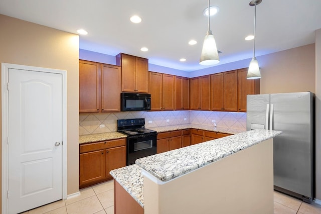 kitchen featuring black appliances, pendant lighting, light tile patterned floors, a center island, and decorative backsplash