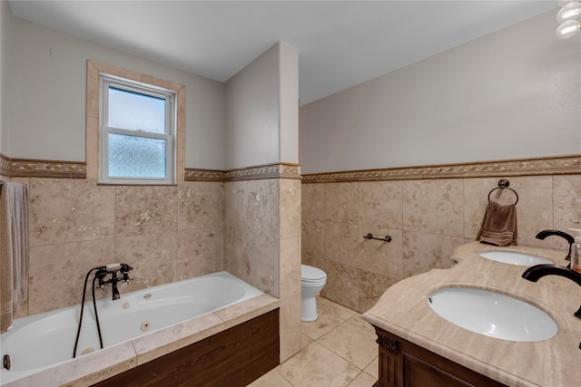 bathroom with a tub to relax in, tile walls, toilet, and tile patterned flooring