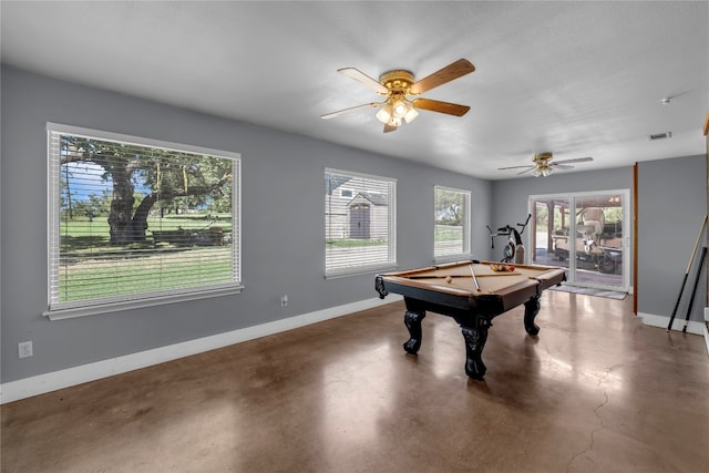 rec room featuring concrete flooring, pool table, and ceiling fan