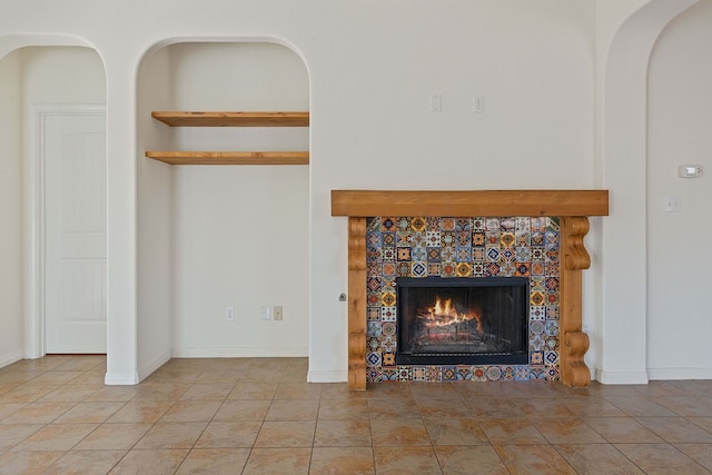 room details with a tiled fireplace