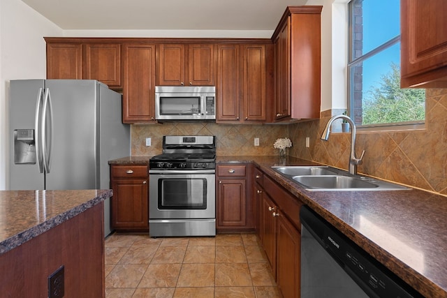 kitchen with stainless steel appliances, light tile patterned flooring, sink, and backsplash