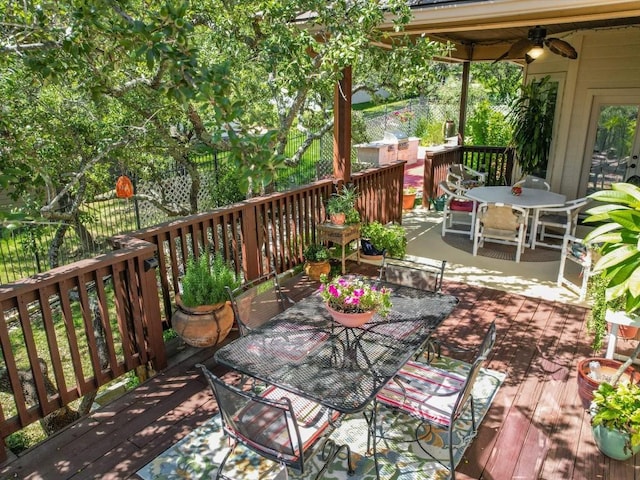 717 Fallow, Horseshoe Bay, TX 78657 - wooden terrace featuring outdoor dining space and ceiling fan