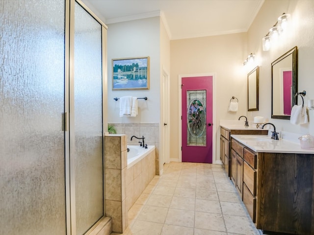 bathroom with crown molding, vanity, plus walk in shower, and tile patterned floors