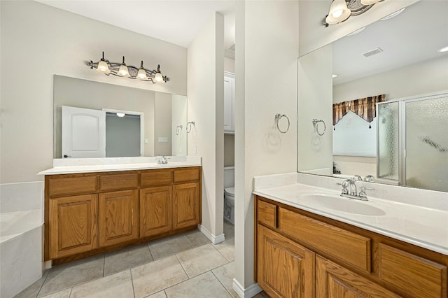 full bathroom with tile patterned flooring, vanity, toilet, and plus walk in shower