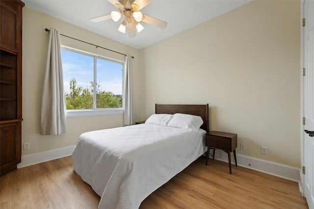 bedroom with ceiling fan and light wood-type flooring