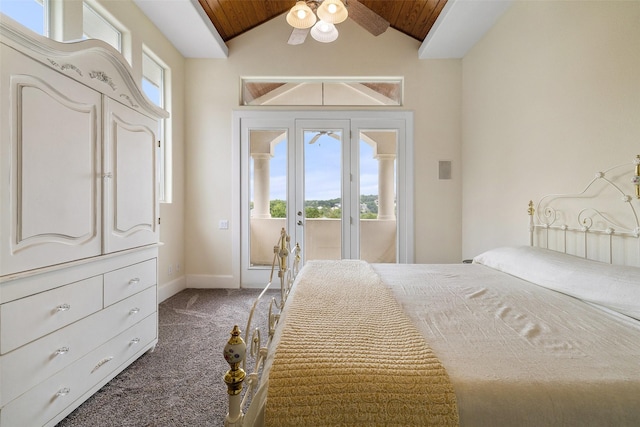 unfurnished bedroom with dark colored carpet, ceiling fan, access to exterior, and wood ceiling