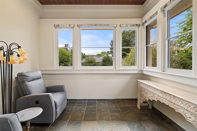 living area with wood ceiling