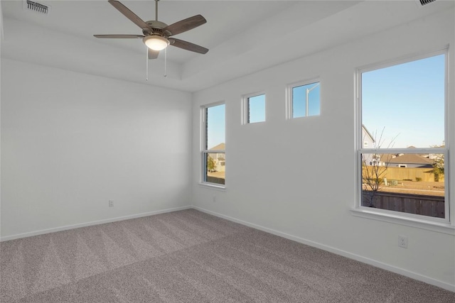 carpeted spare room featuring ceiling fan, a tray ceiling, and a wealth of natural light