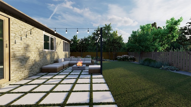 view of yard with a patio area and an outdoor living space with a fire pit