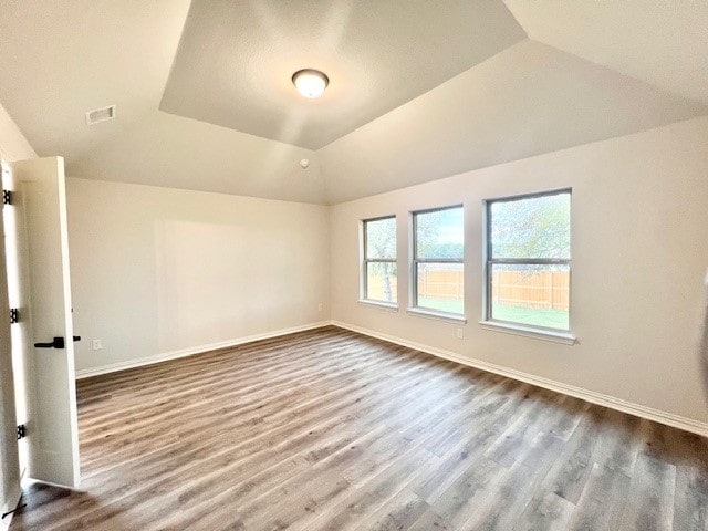 empty room with wood-type flooring and lofted ceiling