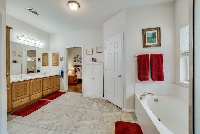 bathroom with vanity, plenty of natural light, and a washtub