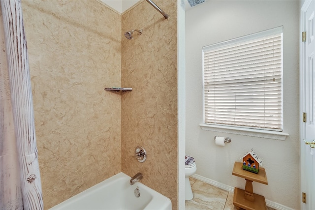 bathroom featuring tile patterned floors, toilet, and shower / bathtub combination with curtain