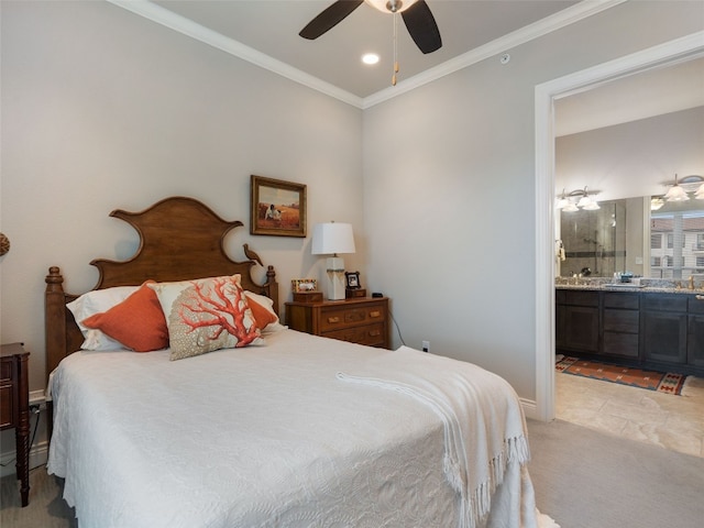 carpeted bedroom featuring ceiling fan, ornamental molding, and ensuite bathroom