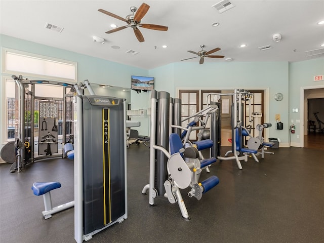 exercise room featuring ceiling fan