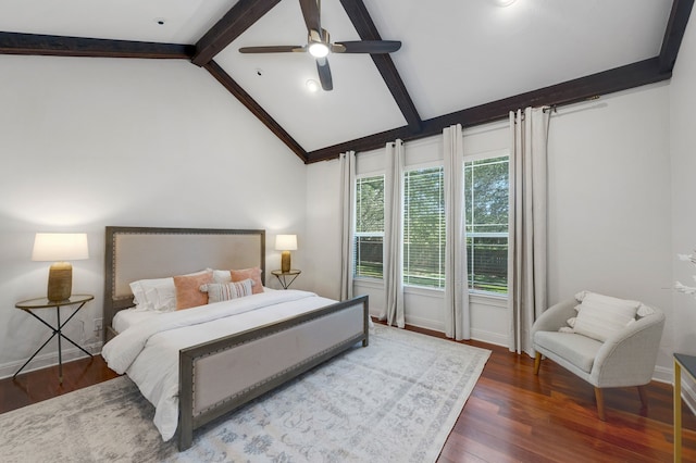 bedroom with hardwood / wood-style flooring, lofted ceiling with beams, and ceiling fan