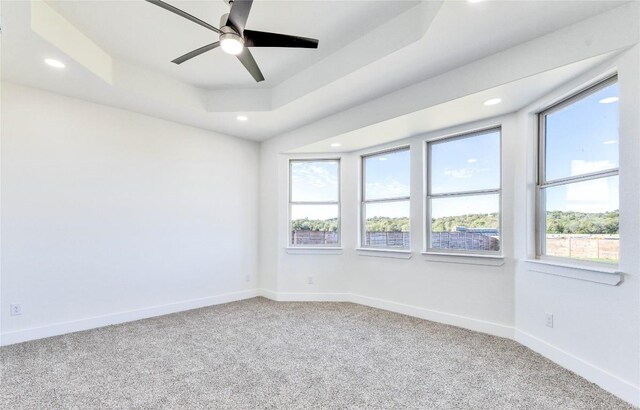 carpeted spare room with a raised ceiling, a healthy amount of sunlight, and ceiling fan