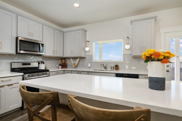 kitchen featuring sink, tasteful backsplash, dark hardwood / wood-style floors, gray cabinets, and appliances with stainless steel finishes