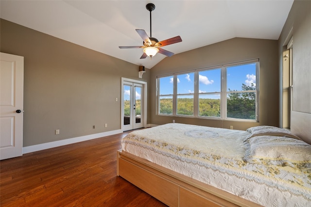 bedroom featuring vaulted ceiling, dark hardwood / wood-style floors, french doors, access to outside, and ceiling fan