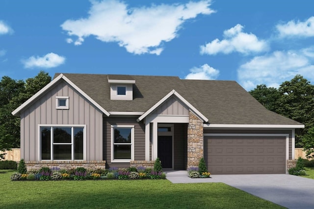 view of front facade featuring board and batten siding, concrete driveway, a front yard, stone siding, and an attached garage