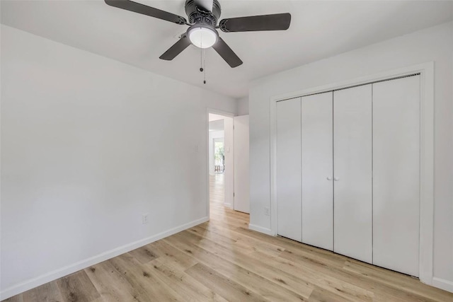 2110 Malvern Hill Dr, Austin, TX 78745 - unfurnished bedroom with light wood-style flooring, baseboards, a closet, and ceiling fan