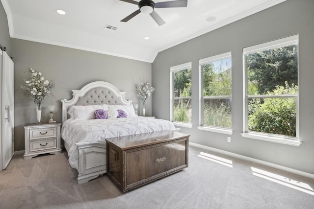 carpeted bedroom featuring ornamental molding, baseboards, a ceiling fan, and recessed lighting