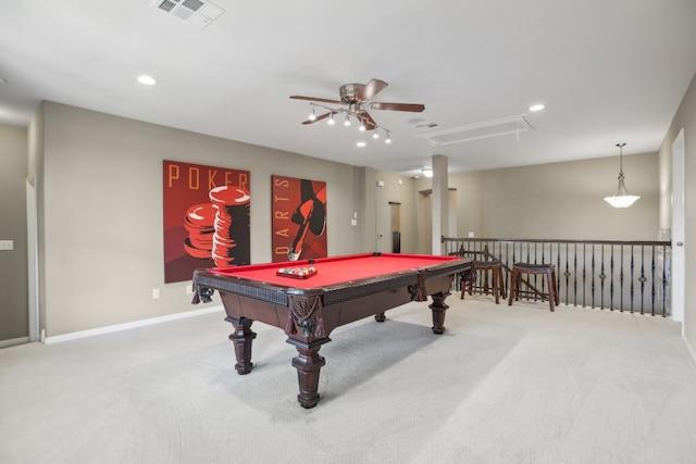 playroom with billiards, ceiling fan, and carpet floors