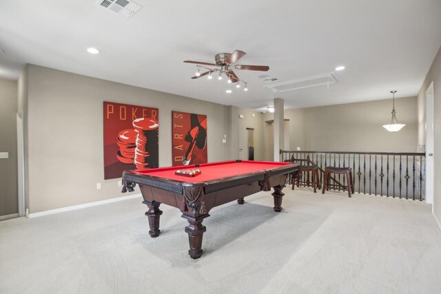 2717 Highland Trl, Leander, TX 78641 - rec room with attic access, carpet floors, ceiling fan, pool table, and baseboards