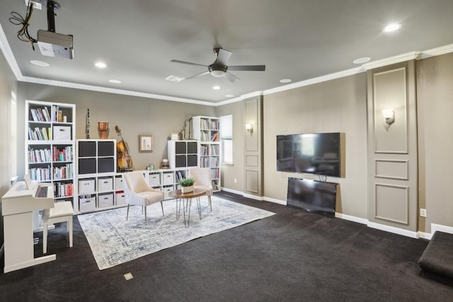 2717 Highland Trl, Leander, TX 78641 - living area with ceiling fan, ornamental molding, recessed lighting, dark carpet, and baseboards