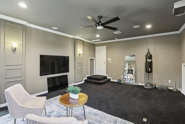 2717 Highland Trl, Leander, TX 78641 - living area featuring ceiling fan, baseboards, crown molding, and recessed lighting