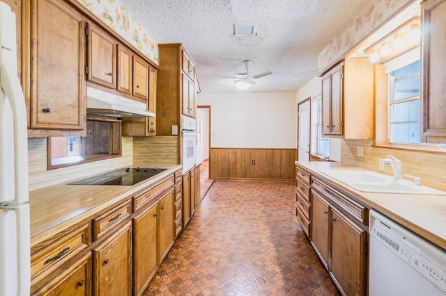 kitchen featuring ceiling fan, sink, white appliances, and a healthy amount of sunlight