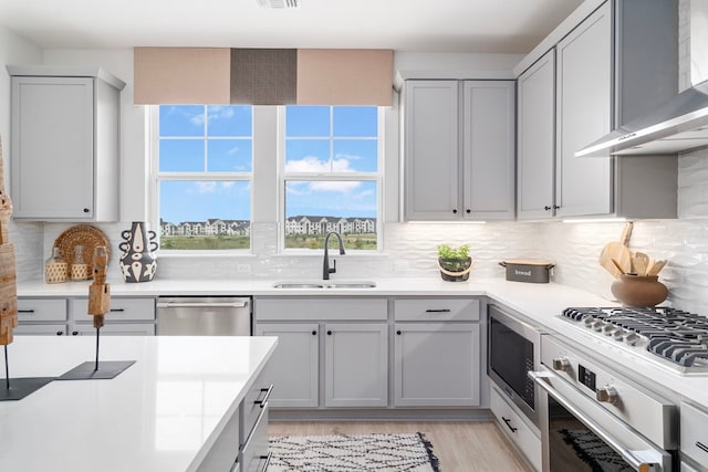 kitchen featuring wall chimney exhaust hood, appliances with stainless steel finishes, light hardwood / wood-style floors, sink, and gray cabinets