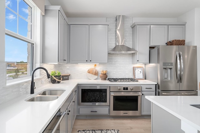 kitchen with light hardwood / wood-style flooring, stainless steel appliances, sink, wall chimney exhaust hood, and decorative backsplash